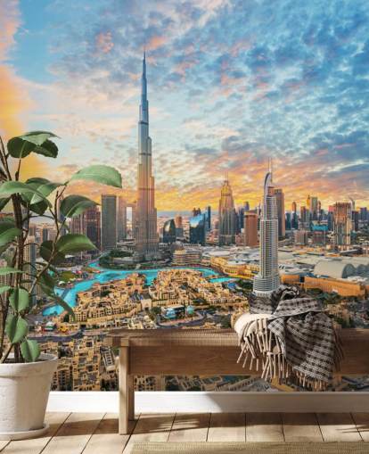 stad dubai en prachtig pluizig bewolkt hemelbehang