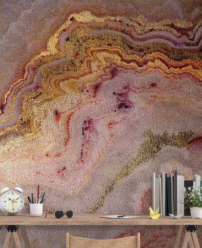 papel de parede de efeito geodo em tons de rosa e dourado