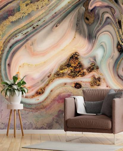 papel de parede sonhador com efeito de mármore em tons pastel