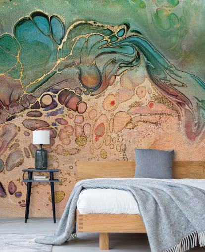 papel pintado efecto mármol rosa, azul y verde