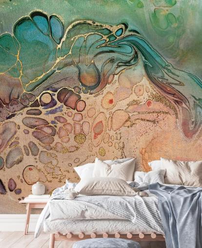 roze, blauw en groen gekleurd marmereffect behang