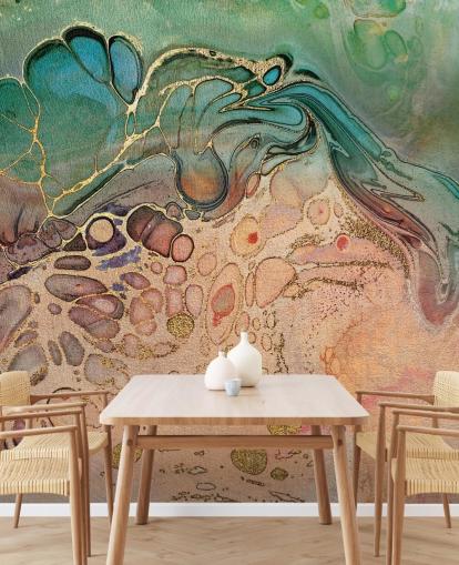 papel pintado efecto mármol rosa, azul y verde