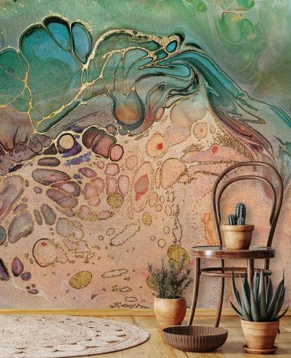 papier peint effet marbre rose, bleu et vert