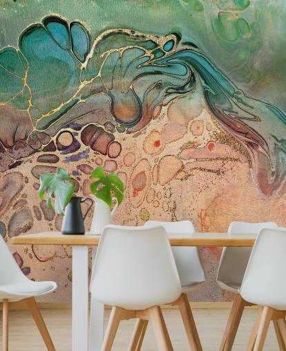 roze, blauw en groen gekleurd marmereffect behang