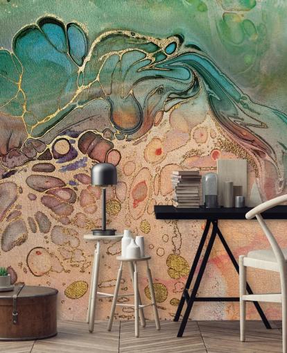 papel pintado efecto mármol rosa, azul y verde