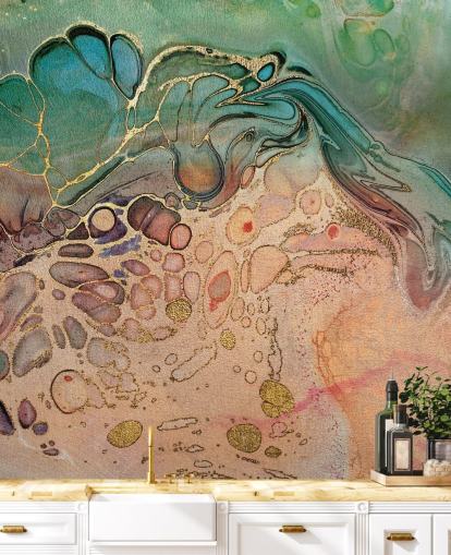 papel pintado efecto mármol rosa, azul y verde