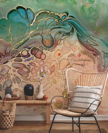 roze, blauw en groen gekleurd marmereffect behang