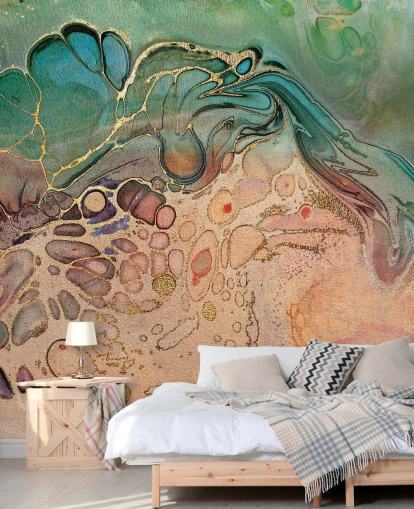 papel pintado efecto mármol rosa, azul y verde