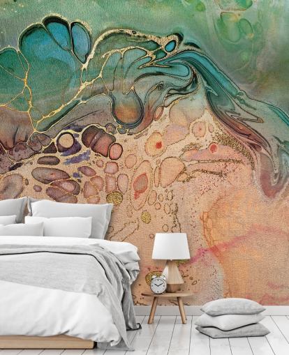 papel pintado efecto mármol rosa, azul y verde