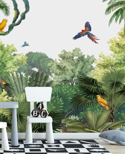 papel de parede de floresta tropical com papagaios