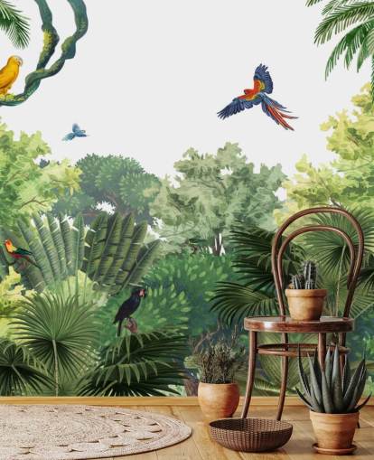 rainforest with parrots wallpaper