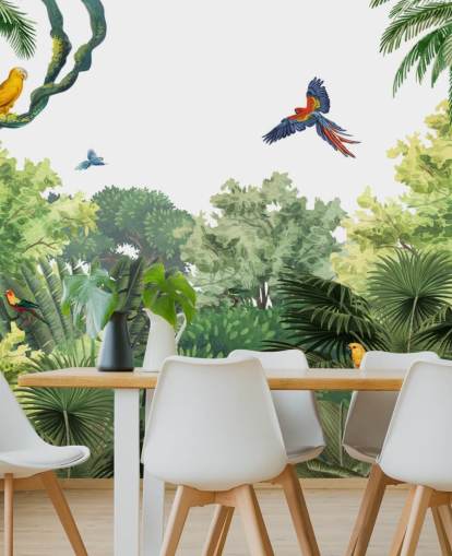 papel de parede de floresta tropical com papagaios