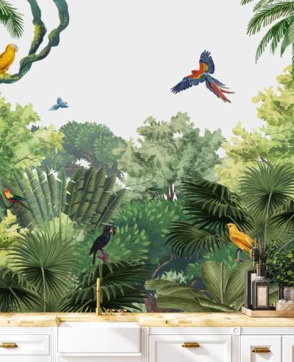 papel de parede de floresta tropical com papagaios