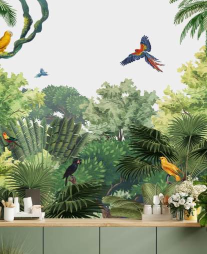 papel de parede de floresta tropical com papagaios