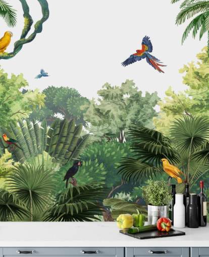 rainforest with parrots wallpaper
