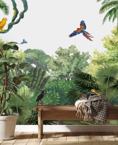 papel de parede de floresta tropical com papagaios
