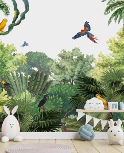 papel de parede de floresta tropical com papagaios