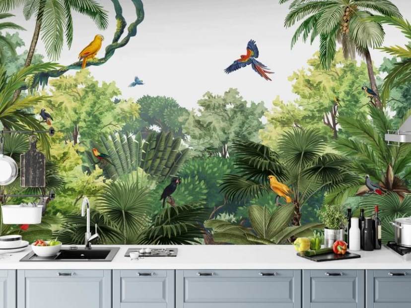 rainforest with parrots wallpaper
