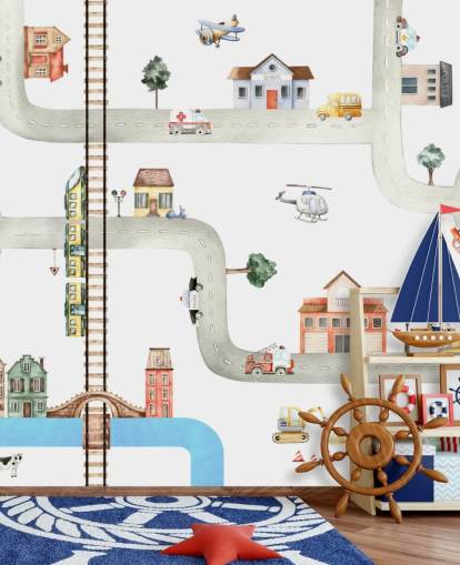 carta da parati per bambini con strade, strade e veicoli