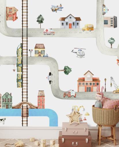 carta da parati per bambini con strade, strade e veicoli