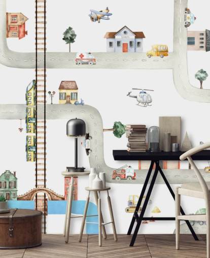 Kindertapete für Straßen, Straßen und Fahrzeuge Kindertapete für Straßen, Straßen und Fahrzeuge