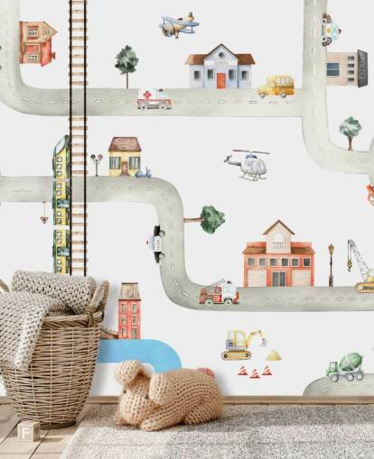 carta da parati per bambini con strade, strade e veicoli
