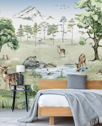 woodland animals with mountains, trees and rocks wallpaper