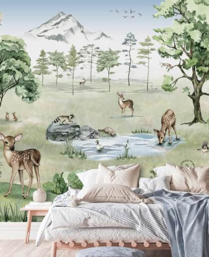 papier peint animaux des bois avec montagnes, arbres et rochers papier peint animaux des bois avec montagnes, arbres et rochers