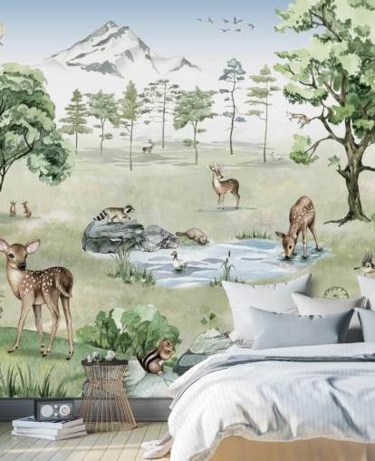 woodland animals with mountains, trees and rocks wallpaper woodland animals with mountains, trees and rocks wallpaper