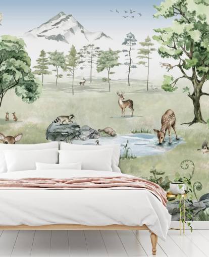 woodland animals with mountains, trees and rocks wallpaper