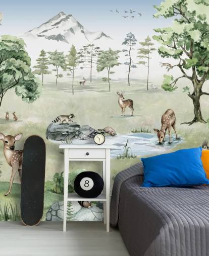 papel de parede de animais da floresta com montanhas, árvores e rochas