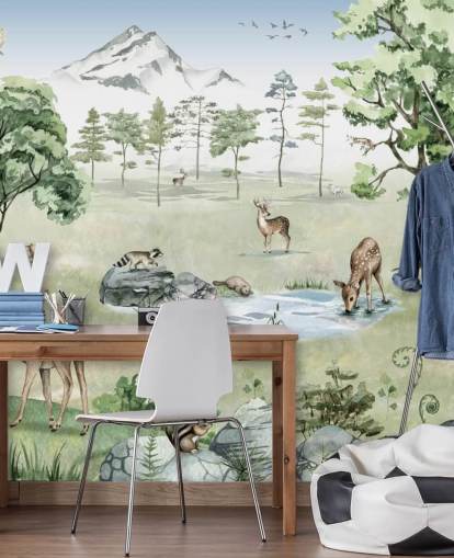 papel de parede de animais da floresta com montanhas, árvores e rochas papel de parede de animais da floresta com montanhas, árvores e rochas