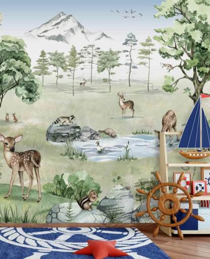 papel pintado de animales del bosque con montañas, árboles y rocas