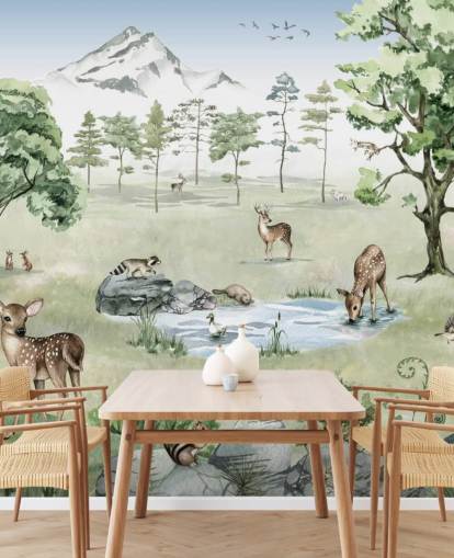 woodland animals with mountains, trees and rocks wallpaper