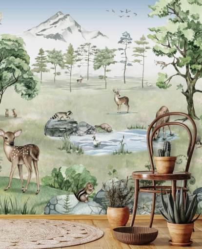 papel pintado de animales del bosque con montañas, árboles y rocas