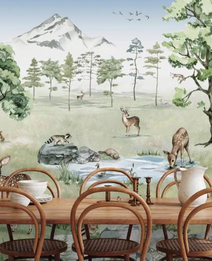 woodland animals with mountains, trees and rocks wallpaper
