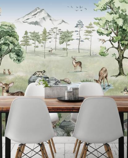 woodland animals with mountains, trees and rocks wallpaper