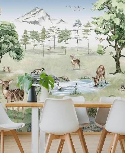 papel pintado de animales del bosque con montañas, árboles y rocas papel pintado de animales del bosque con montañas, árboles y rocas
