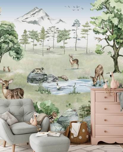 papel de parede de animais da floresta com montanhas, árvores e rochas