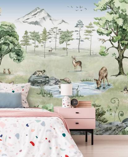 carta da parati con animali del bosco con montagne, alberi e rocce carta da parati con animali del bosco con montagne, alberi e rocce