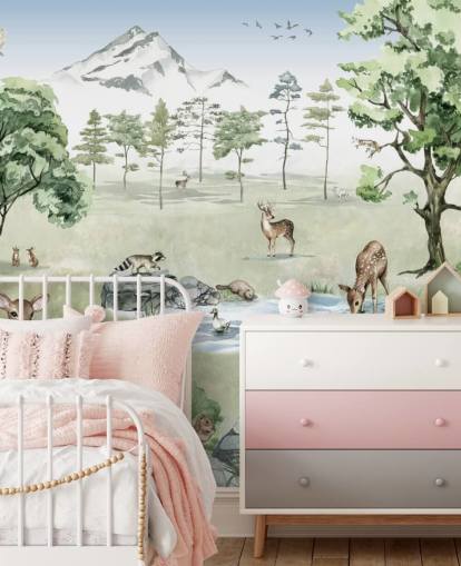woodland animals with mountains, trees and rocks wallpaper