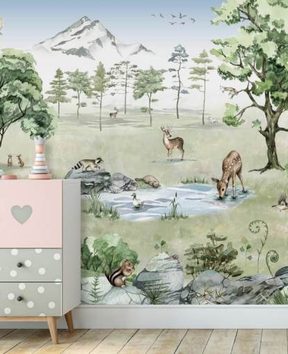 papier peint animaux des bois avec montagnes, arbres et rochers