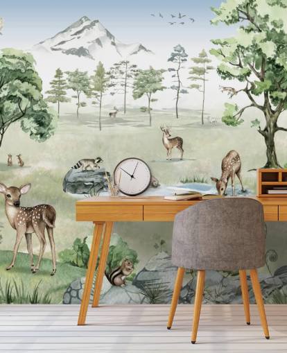 papel de parede de animais da floresta com montanhas, árvores e rochas