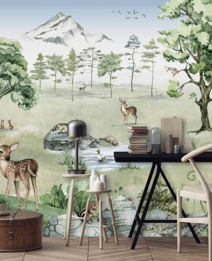 woodland animals with mountains, trees and rocks wallpaper
