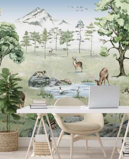 woodland animals with mountains, trees and rocks wallpaper woodland animals with mountains, trees and rocks wallpaper