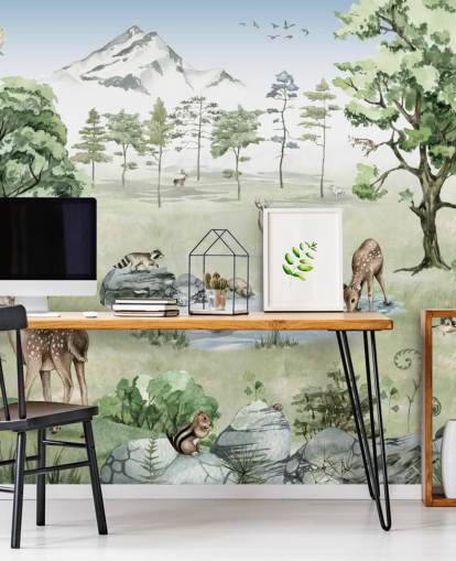 woodland animals with mountains, trees and rocks wallpaper