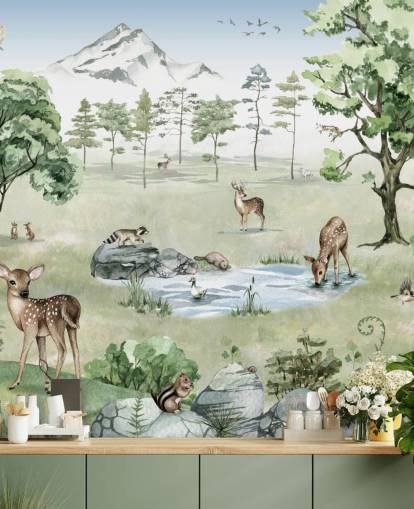 papel de parede de animais da floresta com montanhas, árvores e rochas