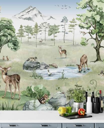 woodland animals with mountains, trees and rocks wallpaper