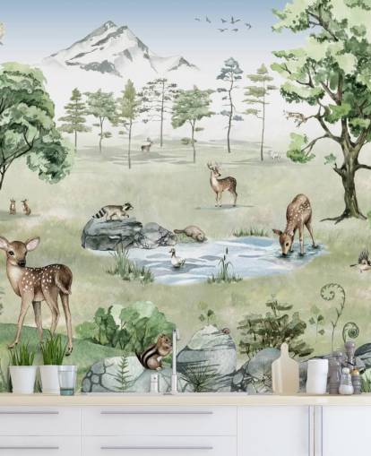 woodland animals with mountains, trees and rocks wallpaper