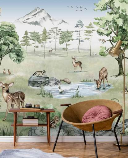 papel de parede de animais da floresta com montanhas, árvores e rochas